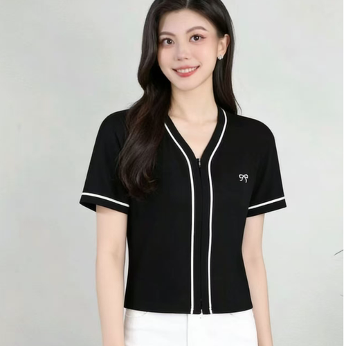 S660 夏款新款时尚气质撞色V领双拉链百搭显瘦短款上衣