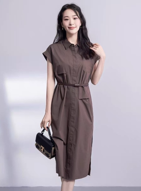 B261 夏季新款简约气质休闲OL收腰显瘦开叉衬衫连衣裙