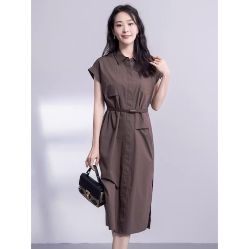 B261 夏季新款简约气质休闲OL收腰显瘦开叉衬衫连衣裙