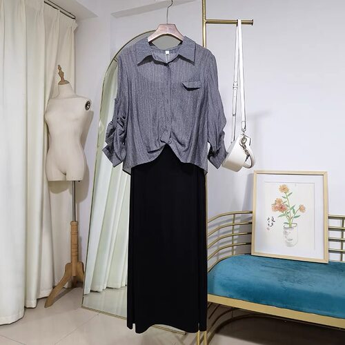 3733 休闲宽松气质长袖衬衫套头吊带直筒裙两件套套裙