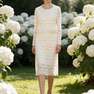 HL94 春秋款浪漫优雅气质蕾丝钉珠长袖假两件连衣裙JT