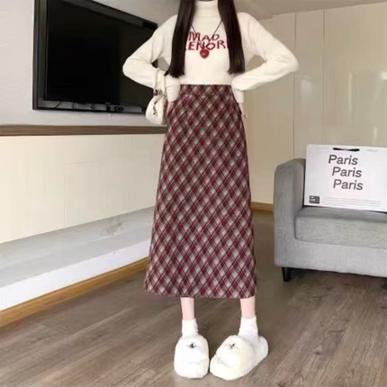 D209 春秋冬款高级感复古气质毛呢格子高腰过膝百搭显瘦半身裙