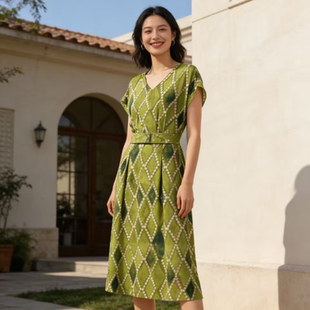 L889 夏季新款高级感印花优雅气质系带收腰显瘦连衣裙