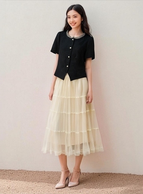 X252 新款显高显瘦显气质优雅温柔知性风钉珠上衣两件套裙