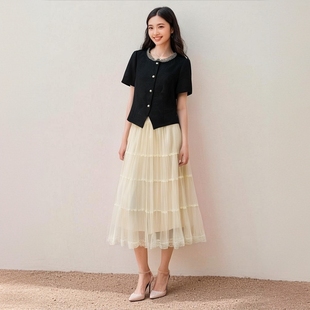 X252 显高显瘦显气质优雅温柔知性风钉珠上衣两件套裙 新款