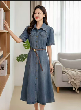 HL20 夏季新款时尚优雅气质翻领中长款牛仔连衣裙JT