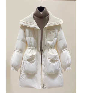 8080 冬季新款时尚洋气针织大翻领抽绳收腰中长款羽绒服LY
