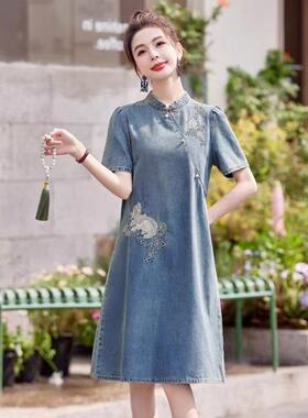 L155 夏款高端精致新中式改良旗袍短袖牛仔连衣裙JT