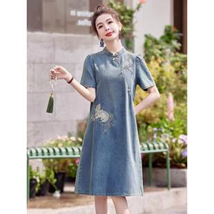 改良旗袍短袖 高端精致新中式 牛仔连衣裙JT 夏款 L155