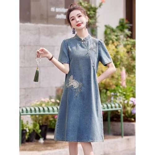 L155 夏款高端精致新中式改良旗袍短袖牛仔连衣裙JT