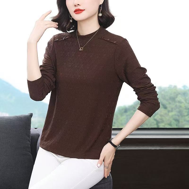 S251 春秋新款长袖T恤纯色内搭圆领上衣提花打底衫JR