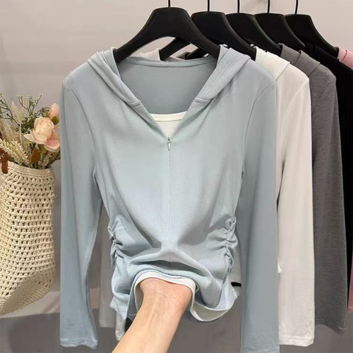 S427 春秋款时尚休闲修身显瘦假两件连帽长袖百搭小衫JR