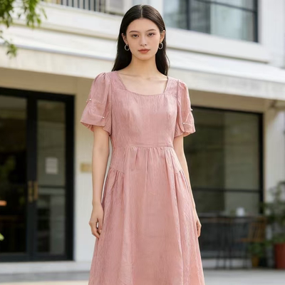 6116 夏季新款时尚气质收腰短袖方领中长款连衣裙JR