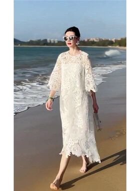 深圳南油桔梗法式超仙海边度假小众设计高级感宽松白色蕾丝连衣裙