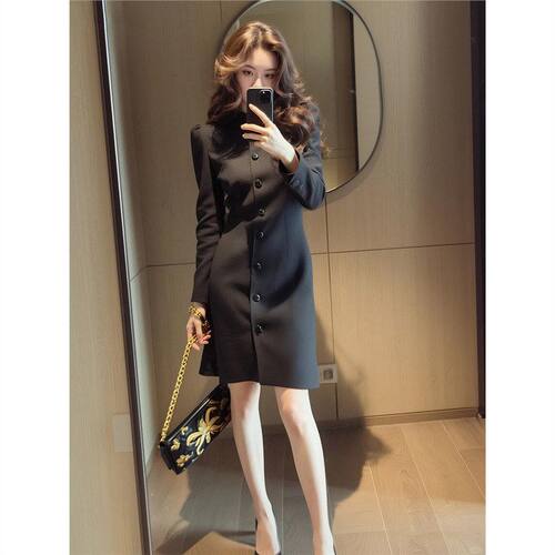 深圳南油出席重要场合的裙子女秋季轻熟高级感通勤黑色长袖连衣裙