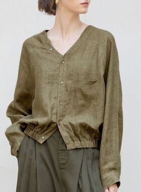 春季新款全亚麻V领插肩长袖衬衫色织工艺+宽松茧型设计老钱风衬衣
