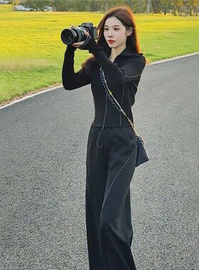 深圳南油休闲套装2025新款春秋季小众百搭黑色翻领卫衣两件套女装