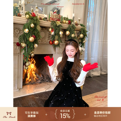 法式赫本镶珠黑丝绒蝴蝶结背心裙