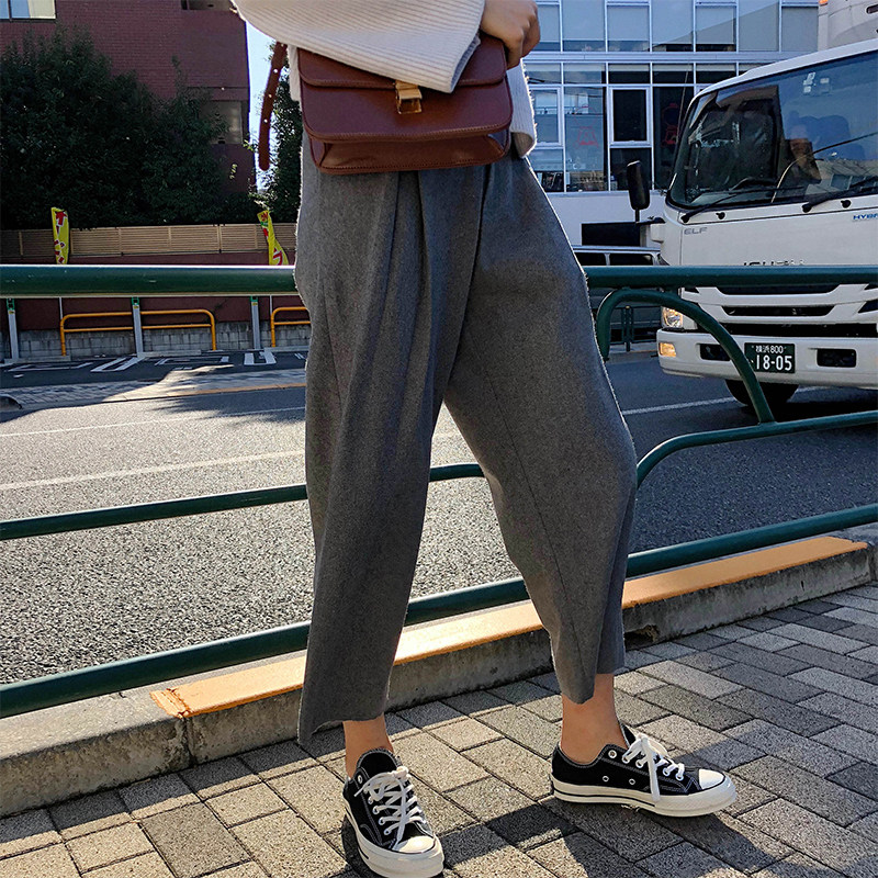 高腰毛边裤百搭高腰打褶裤