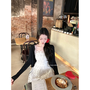 thepeachofficial【松露黑糖】黑色木耳边绑带羊毛针织开衫上衣女