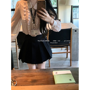 thepeachofficial【小步舞曲】黑色双层高腰百褶裙女A字半身短裙