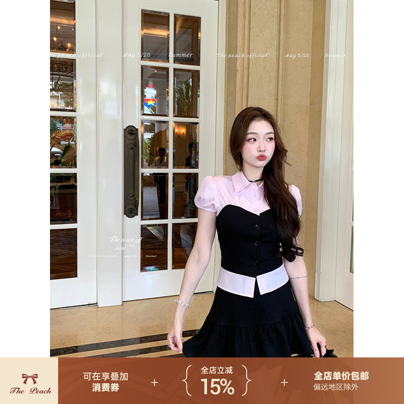thepeachofficial【凯妮丝少女】学院少女风拼色衬衫小黑裙套装女