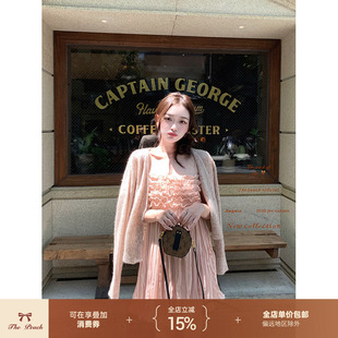 thepeachofficial【贝洛甜心】浅驼色镂空绞花V领马海毛针织开衫