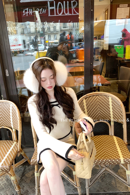 蝴蝶结撞色领边羊毛卷上衣半裙