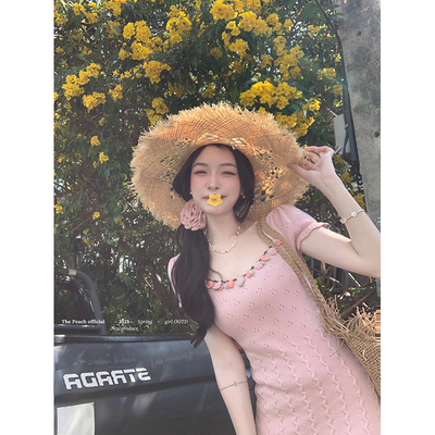 thepeachofficial【伊甸园玫瑰】法式复古手工钩花针织连衣裙女春