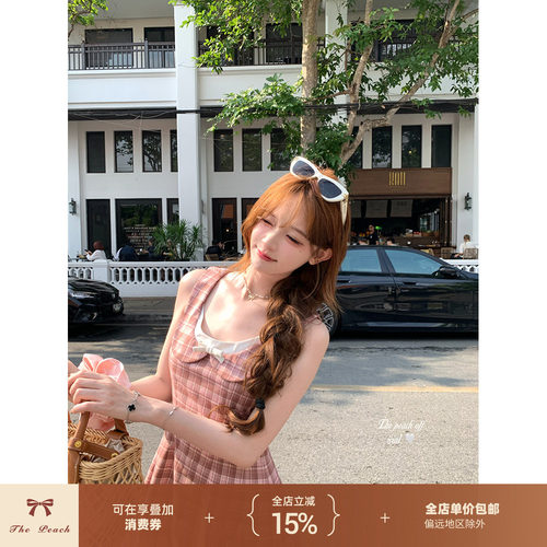 经典格纹拼色蝴蝶结无袖背心裙