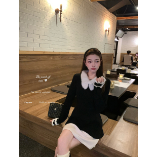 thepeachofficial 拼色蝴蝶结仿貂毛翻领针织连衣裙女 赫尔小姐