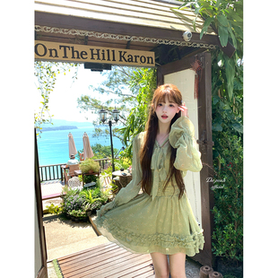 thepeachofficial 绿色纯欲V领收腰双层木耳边连衣裙 樱花淑女