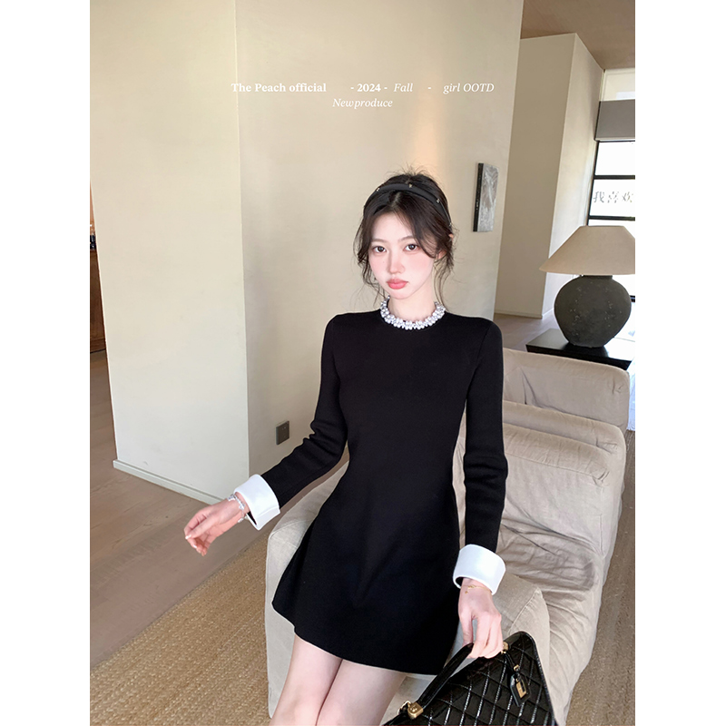 thepeachofficial【瑰丽之夜】小香千金风手缝珍珠领针织连衣裙女
