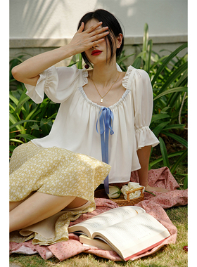 THE PEACH BY MICHELLYMO白色雪纺衫胸前长飘带上衣