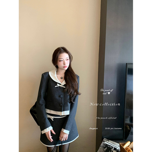 thepeachofficial【维罗纳深秋】法式蝴蝶结毛呢外套A字裙套装女