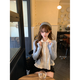 thepeachofficial【神明少女】蕾丝花边衬衫羊毛针织开衫短裤套装