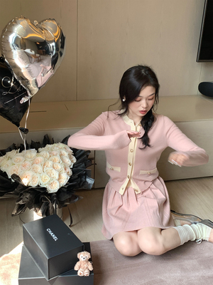 thepeachofficial粉色甜美小洋装套装裙名媛风复古小香针织开衫秋