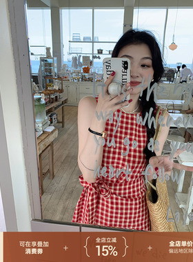 thepeachofficial 伯爵红茶 红格子无袖连衣裙女夏绝美海边背心裙