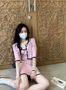 thepeachofficial巴黎记忆小香风粉紫色针织开衫修身连衣裙套装女