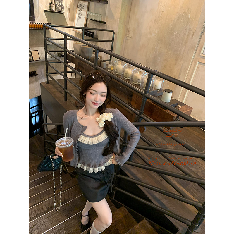 小香针织吊带开衫A字半裙三件套