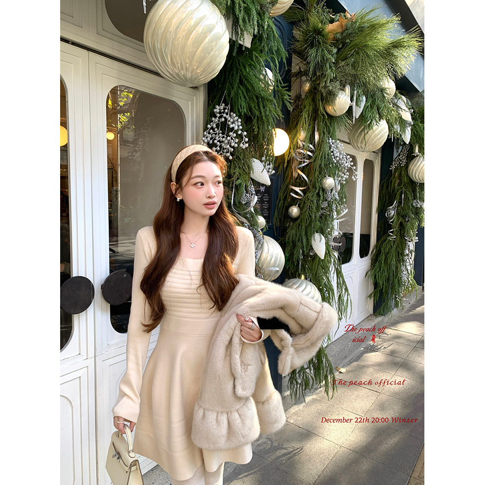 thepeachofficial【麦瑟尔千金】法式方领收腰显瘦蓬蓬针织连衣裙