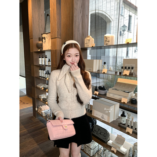 thepeachofficial【燕麦暖绒】千金少女风兔耳围脖骆驼绒毛衣开衫