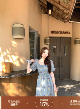 thepeachofficial【秘密花园Secret】蓝色法式碎花连衣裙女茶歇裙