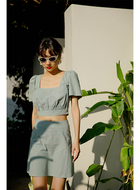 MICHELLYMO法式复古套装两件套短款格子上衣半裙沙滩度假春夏