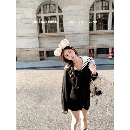 thepeachofficial【航行秋日】海军领学院风黑色卫衣套装女秋外套