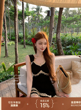 thepeachofficial【西西里情书】高级感复古黑色吊带连衣裙套装女