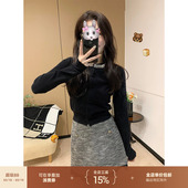 针织衫 thepeachofficial 短袖 黑色钻领修身 女夏毛衣 奥哈拉千金