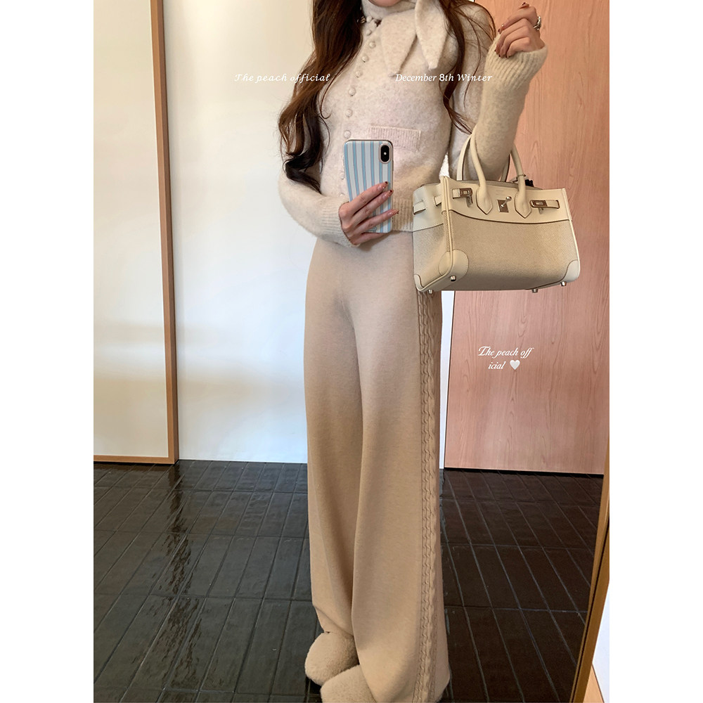 thepeachofficial【里克咖啡馆】慵懒风羊毛针织阔腿直筒休闲裤女