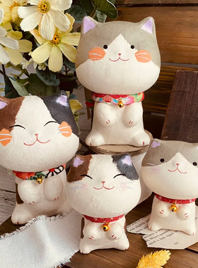 龙虎作和纸招福招财猫咪摆件礼物