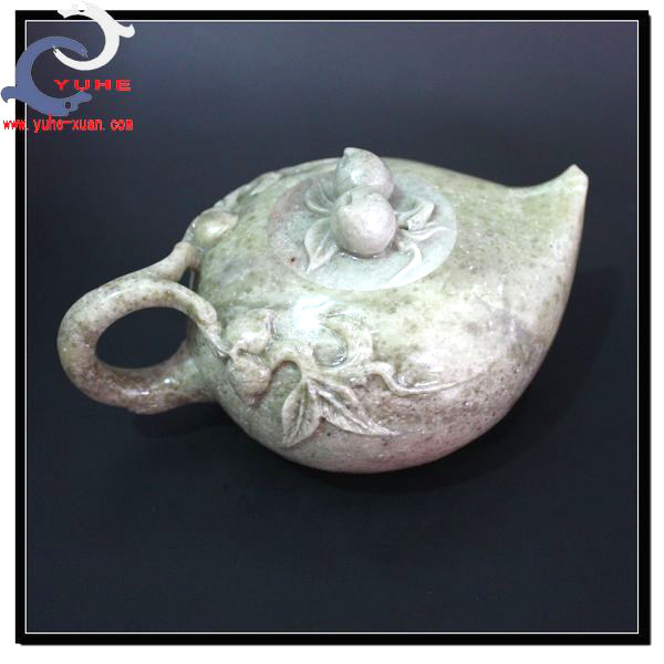 寿山石摆件 国石真品 老岭石 精美寿桃茶壶摆件【裕和轩】A57-11
